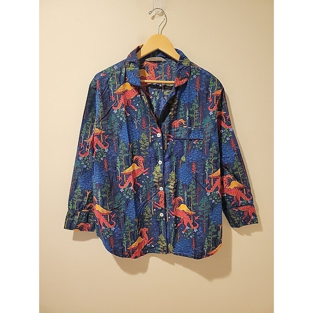 Print Fresh Pajama Top Size M Blue Mystical Dragon Button Up Organic Cotton Boho